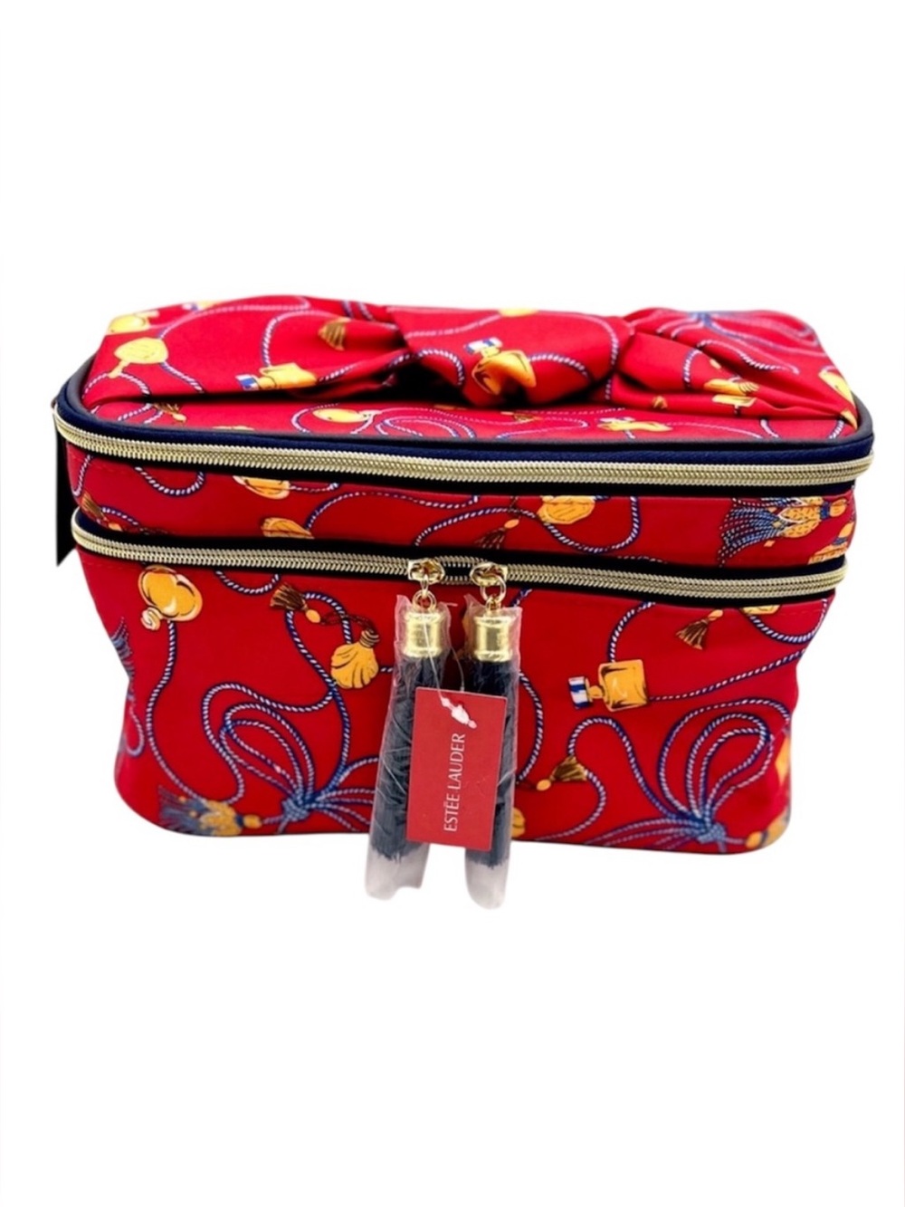 Estee Lauder Red Cosmetic Travel Case with Gold Zippers and Tassels